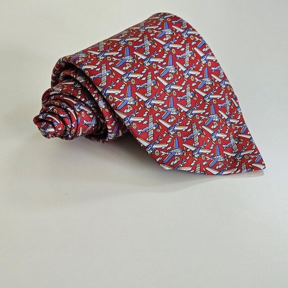 Beaufort Other - Beaufort Tie Rack Silk Tie Italy Red Multicolor Airplanes Clouds AOP W3.75 L59.5